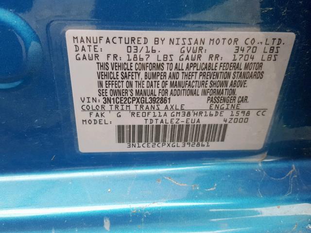 3N1CE2CPXGL392861 - 2016 NISSAN VERSA NOTE TEAL photo 10