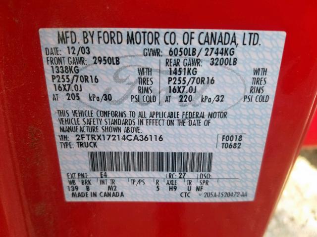 2FTRX17214CA36116 - 2004 FORD F-150 HERI RED photo 10