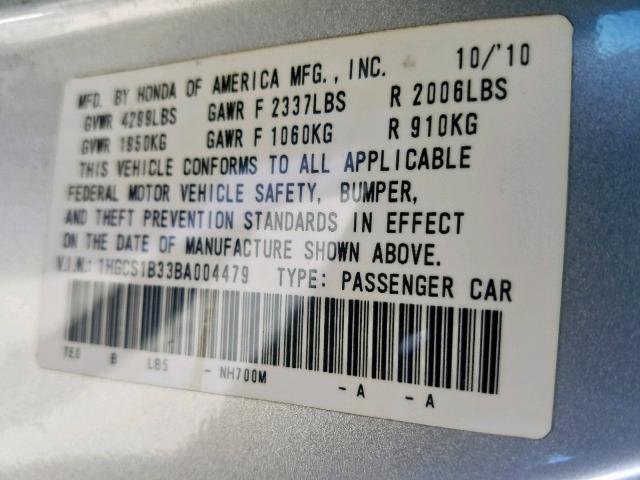 1HGCS1B33BA004479 - 2011 HONDA ACCORD LX- SILVER photo 10