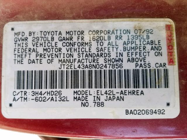 JT2EL43A8N0247856 - 1992 TOYOTA TERCEL DEL RED photo 10