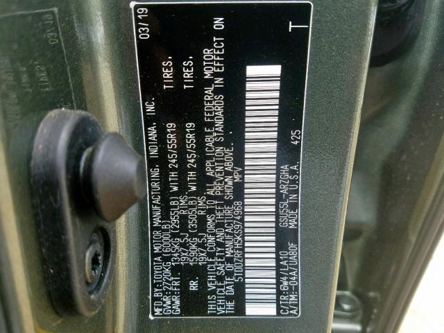 5TDDZRFH5KS974968 - 2019 TOYOTA HIGHLANDER GREEN photo 10