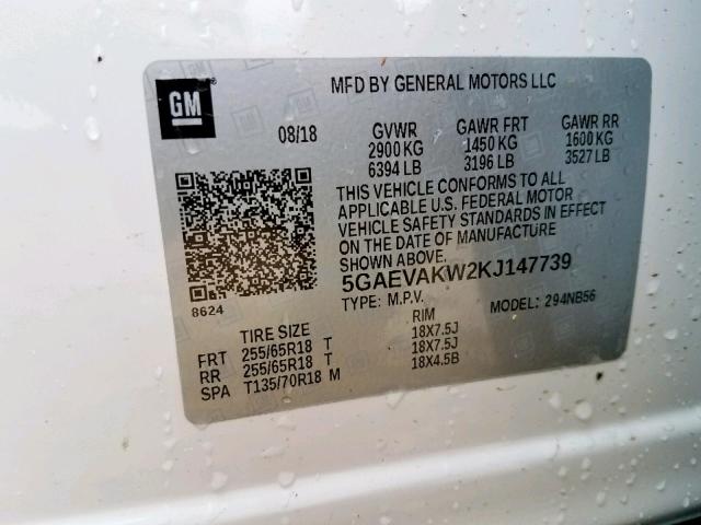 5GAEVAKW2KJ147739 - 2019 BUICK ENCLAVE ES WHITE photo 10