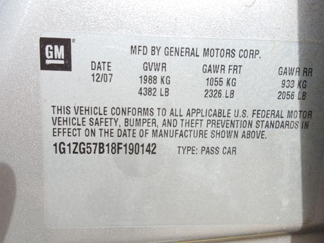 1G1ZG57B18F190142 - 2008 CHEVROLET MALIBU LS 灰色 照片 10