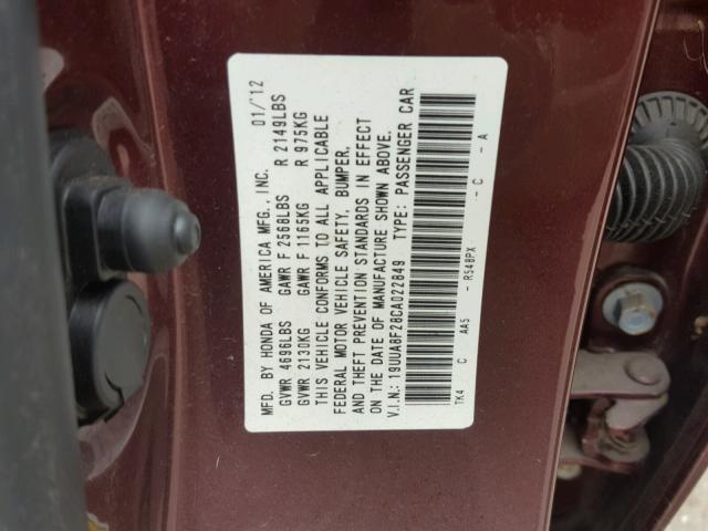 19UUA8F28CA022849 - 2012 ACURA TL BURGUNDY photo 10