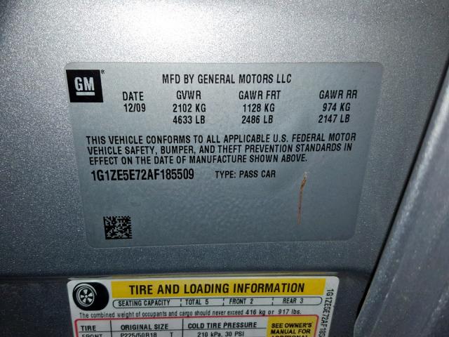 1G1ZE5E72AF185509 - 2010 CHEVROLET MALIBU LTZ ვერცხლისფერი ფოტო 10