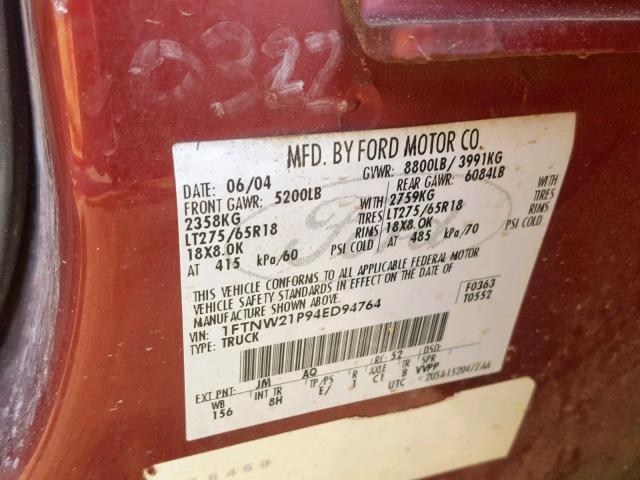 1FTNW21P94ED94764 - 2004 FORD F250 SUPER MAROON photo 10