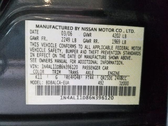 1N4AL11D86N396120 - 2006 NISSAN ALTIMA S GRAY photo 10