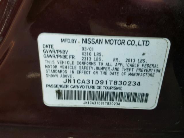 JN1CA31D91T830234 - 2001 NISSAN MAXIMA GXE BURGUNDY photo 10