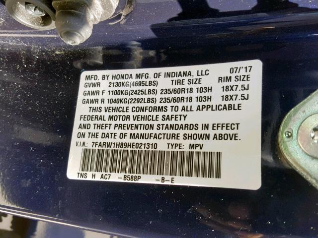 7FARW1H89HE021310 - 2017 HONDA CR-V EXL BLUE photo 10