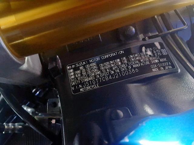 JS1GT7CB4J2100386 - 2018 SUZUKI GSX-S1000F BLUE photo 10