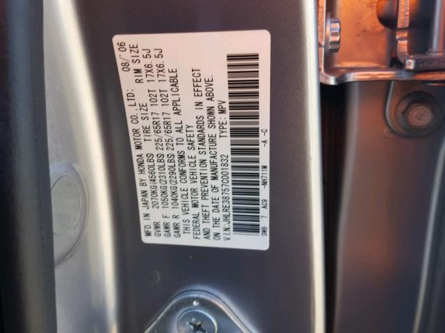 JHLRE38757C001832 - 2007 HONDA CR-V EXL GRAY photo 10