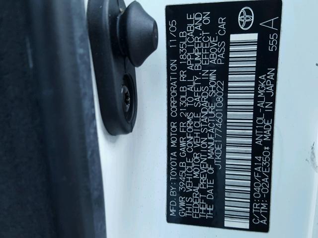 JTKDE177460108022 - 2006 TOYOTA SCION TC 白色 照片 10