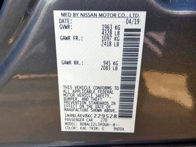 1N4BL4EV8KC229528 - 2019 NISSAN ALTIMA SL GRAY photo 10