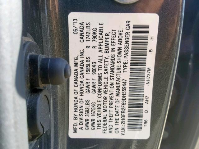 2HGFB2F69DH559447 - 2013 HONDA CIVIC HF GRAY photo 10