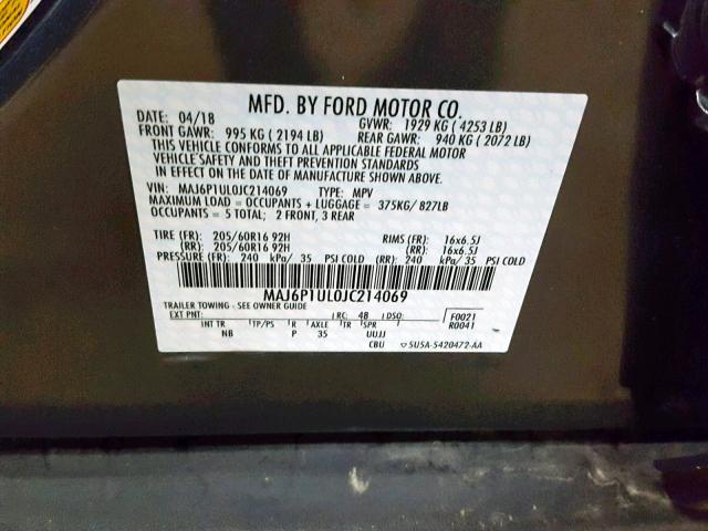 MAJ6P1UL0JC214069 - 2018 FORD ECOSPORT S GRAY photo 10