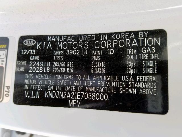 KNDJN2A21E7038000 - 2014 KIA SOUL WHITE photo 10