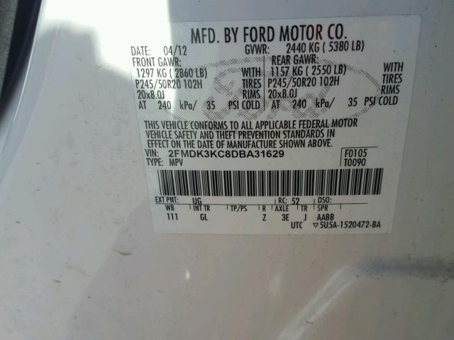 2FMDK3KC8DBA31629 - 2013 FORD EDGE LIMIT WHITE photo 10