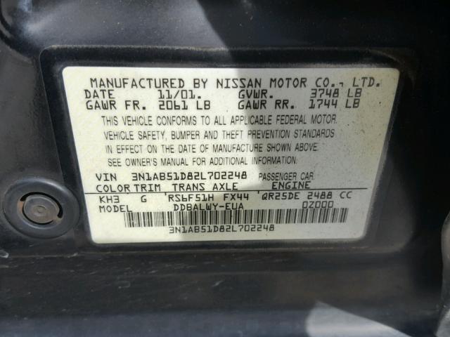 3N1AB51D82L702248 - 2002 NISSAN SENTRA SE- BLACK photo 10