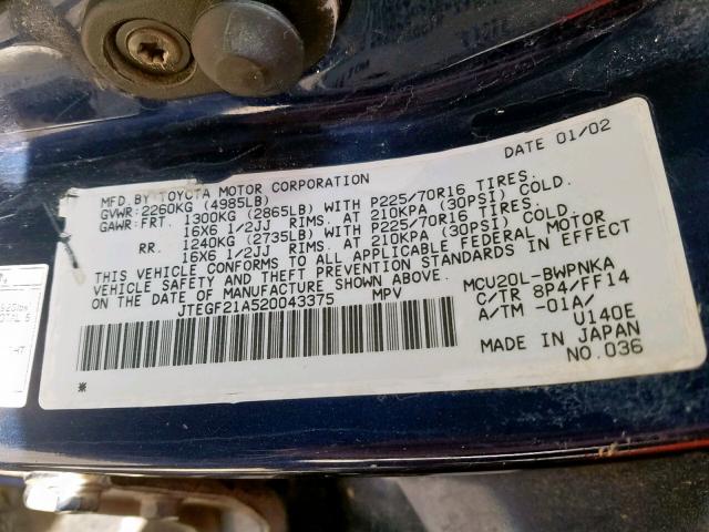 JTEGF21A520043375 - 2002 TOYOTA HIGHLANDER BLUE photo 10