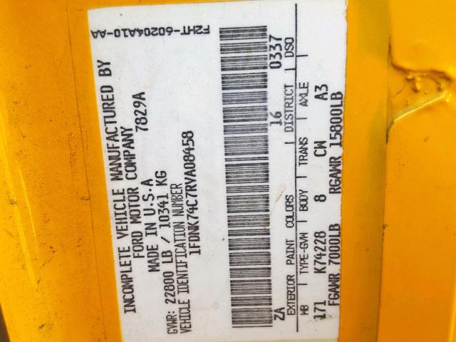 1FDNK74C7RVA08458 - 1994 FORD F700 F YELLOW photo 10