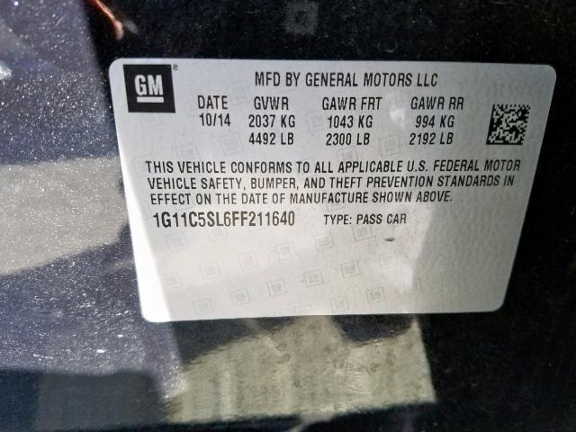 1G11C5SL6FF211640 - 2015 CHEVROLET MALIBU 1LT BLACK photo 10