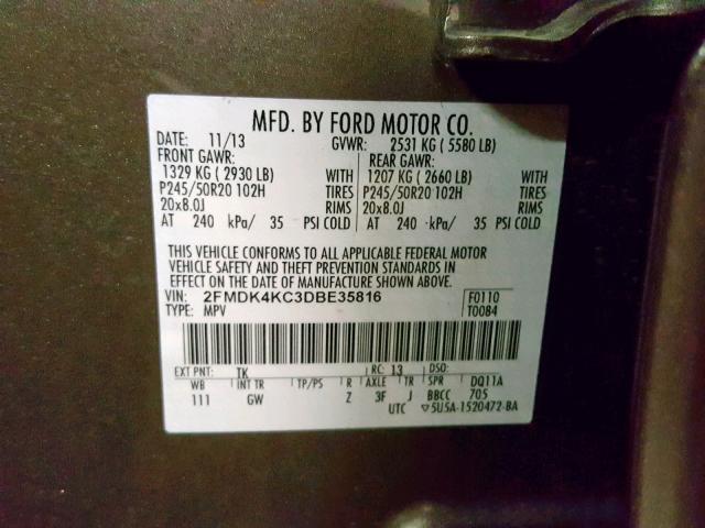 2FMDK4KC3DBE35816 - 2013 FORD EDGE LIMIT BROWN photo 10