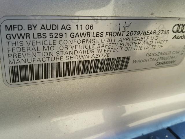 WAUDH74F27N082647 - 2007 AUDI A6 3.2 QUA SILVER photo 10