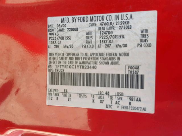 1FTYR10C1YTB23440 - 2000 FORD RANGER RED photo 10