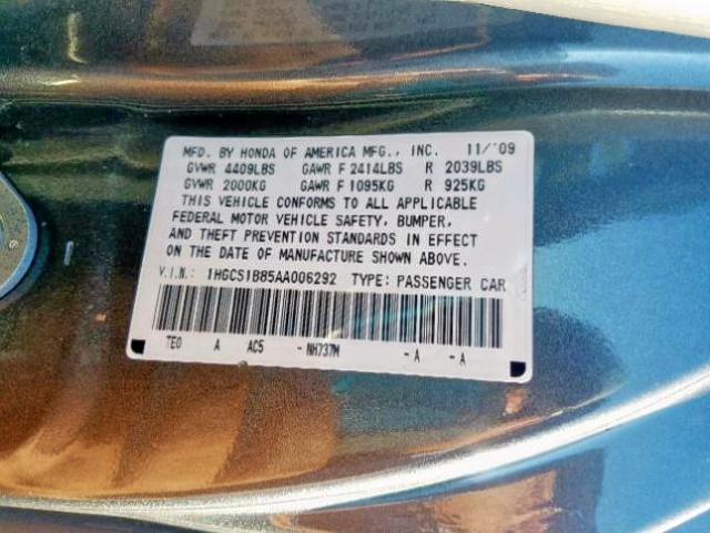 1HGCS1B85AA006292 - 2010 HONDA ACCORD EXL GRAY photo 10