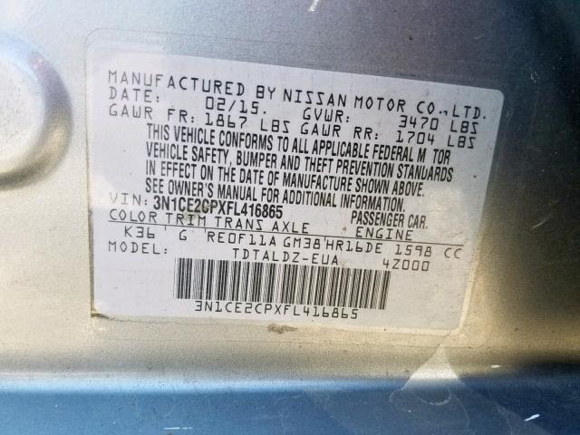 3N1CE2CPXFL416865 - 2015 NISSAN VERSA NOTE SILVER photo 10