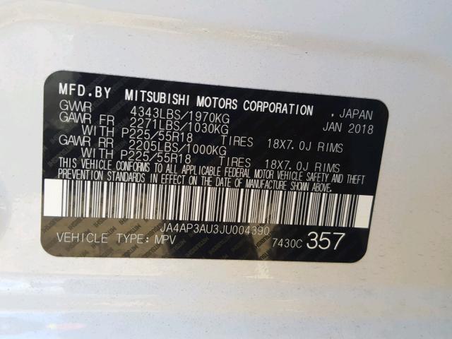 JA4AP3AU3JU004390 - 2018 MITSUBISHI OUTLANDER WHITE photo 10