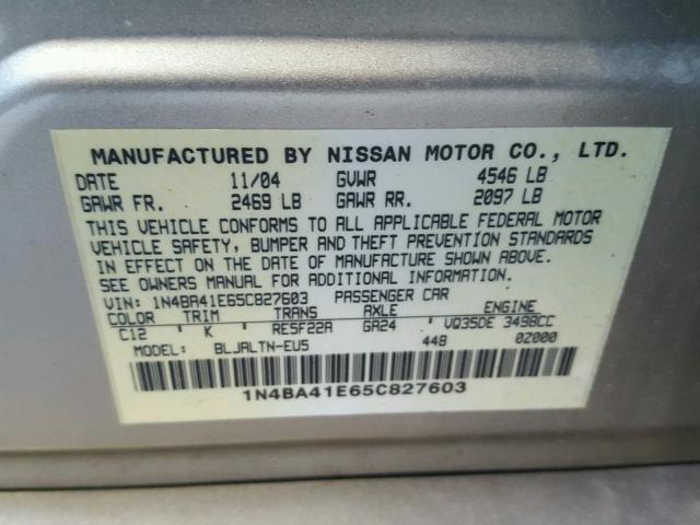 1N4BA41E65C827603 - 2005 NISSAN MAXIMA SE GOLD photo 10