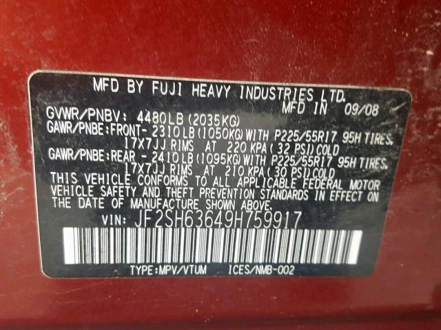 JF2SH63649H759917 - 2009 SUBARU FORESTER 2 RED photo 10