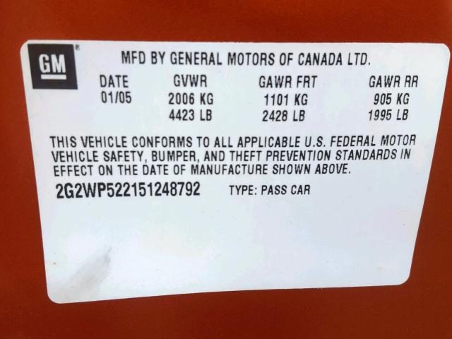 2G2WP522151248792 - 2005 PONTIAC GRAND PRIX ORANGE photo 10