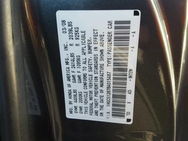 1HGCS12878A015487 - 2008 HONDA ACCORD EXL GRAY photo 10