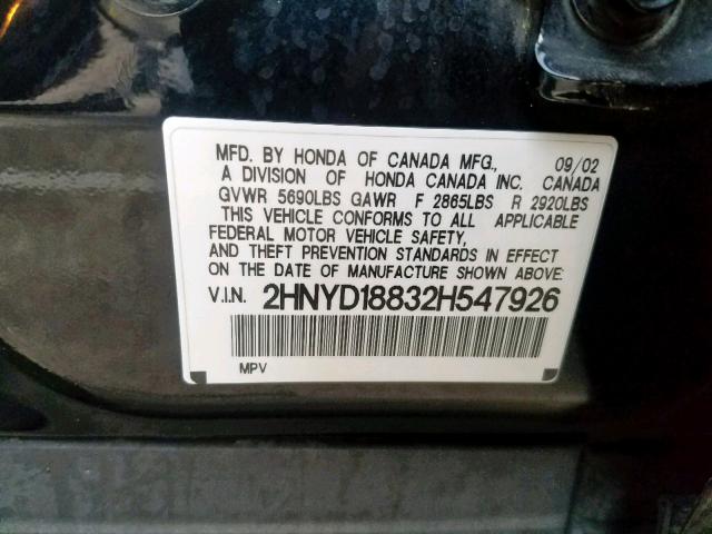 2HNYD18832H547926 - 2002 ACURA MDX TOURIN BLACK photo 10