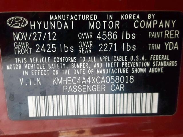 KMHEC4A4XCA058018 - 2012 HYUNDAI SONATA HYB BURGUNDY photo 10