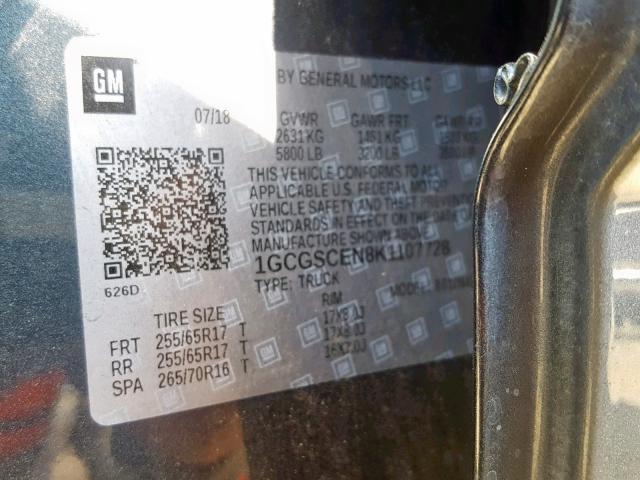 1GCGSCEN8K1107728 - 2019 CHEVROLET COLORADO L GRAY photo 10