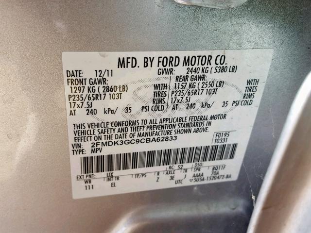 2FMDK3GC9CBA62833 - 2012 FORD EDGE SE SILVER photo 10