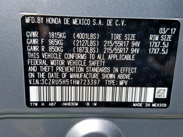 3CZRU5H51HM723397 - 2017 HONDA HR-V EX SILVER photo 10