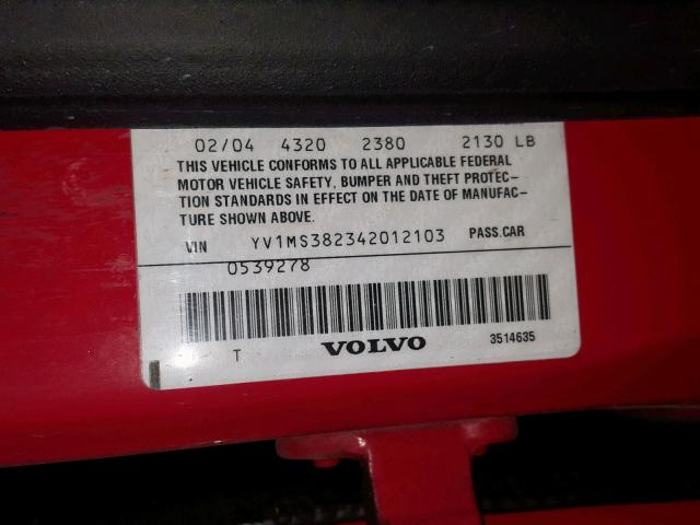 YV1MS382342012103 - 2004 VOLVO S40 2.4I RED photo 10