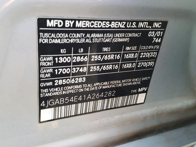 4JGAB54E41A264282 - 2001 MERCEDES-BENZ ML 320 SILVER photo 10