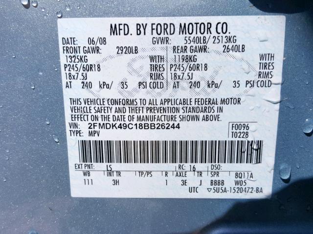 2FMDK49C18BB26244 - 2008 FORD EDGE LIMIT BLUE photo 10