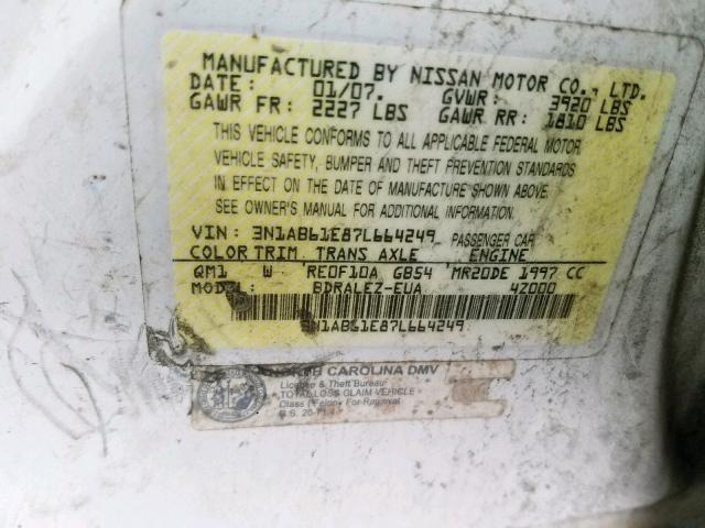 3N1AB61E87L664249 - 2007 NISSAN SENTRA 2.0 WHITE photo 10