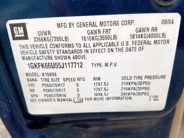 1GKFK66U55J117712 - 2005 GMC YUKON XL D BLUE photo 10