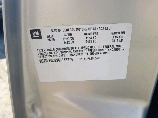 2G2WP552961133774 - 2006 PONTIAC GRAND PRIX Արծաթագույն լուսանկար 10