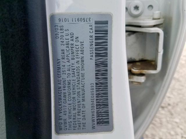 WVWYH63B94E085893 - 2004 VOLKSWAGEN PASSAT GLX WHITE photo 10