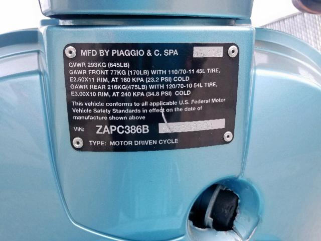 ZAPC386B6B5300304 - 2011 VESPA LX 50 BLUE photo 10