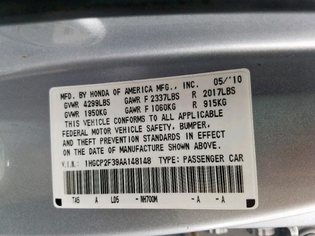 1HGCP2F39AA148148 - 2010 HONDA ACCORD LX SILVER photo 10