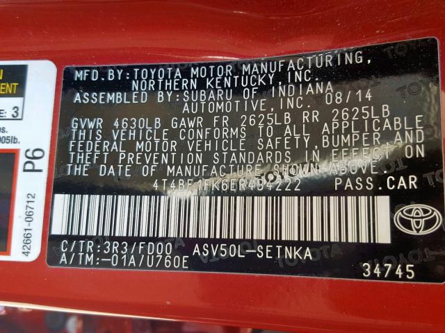 4T4BF1FK6ER434222 - 2014 TOYOTA CAMRY L RED photo 10